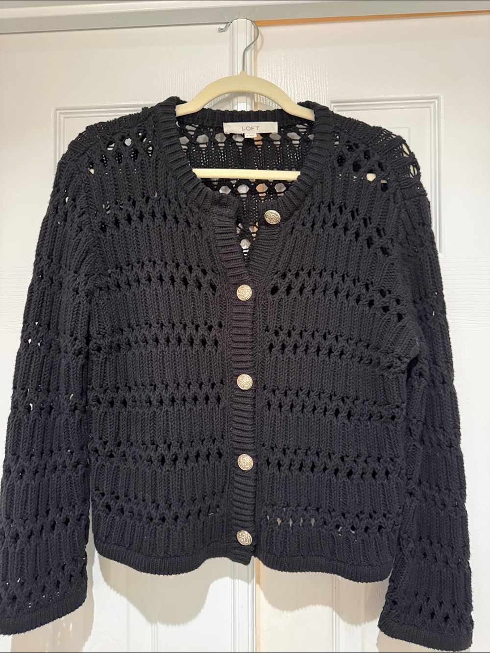 LOFT Black Open-Knit Cardigan with Gold-Tone Buttons